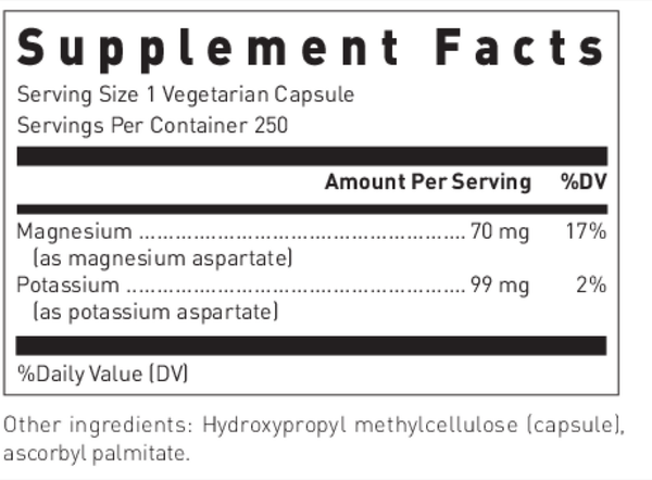 Magnesium / Potassium Aspartate Supplement Facts Label