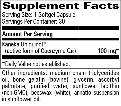 Coq10 Ubiquinol - 100mg Supplement Facts Label