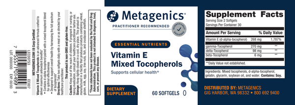 Vitamin E Mixed Tocopherols (Formerly E Complex-1:1) Supplement Facts Label