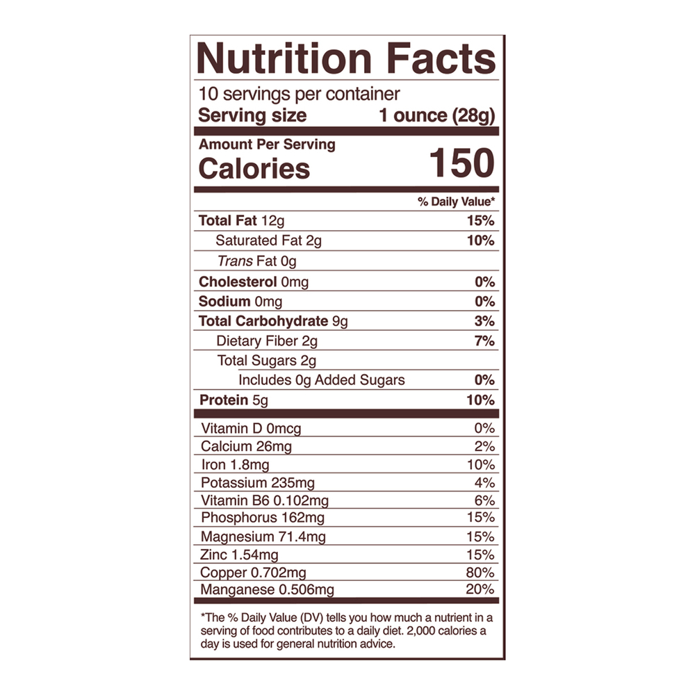Organic Cashews Supplement Facts Label