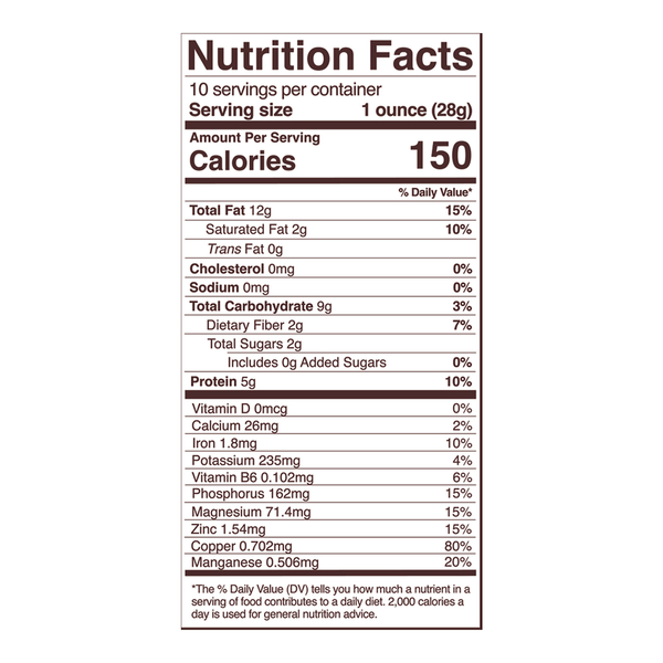 Organic Cashews Supplement Facts Label