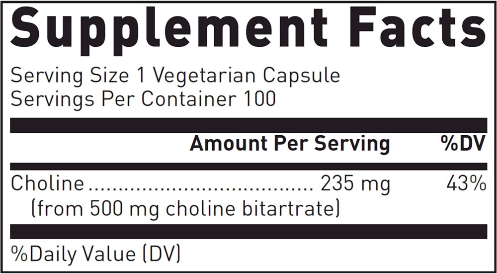 Choline Bitartrate (500 Mg) Supplement Facts Label