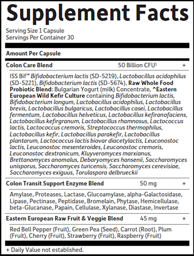 RAW Probiotics Colon Care Supplement Facts Label