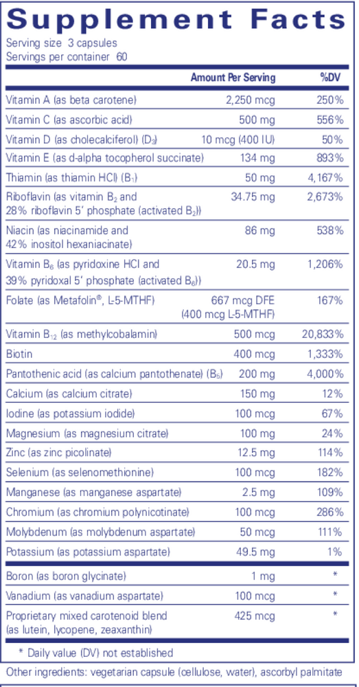Nutrient 950 W/O Cu & Fe 90's Supplement Facts Label