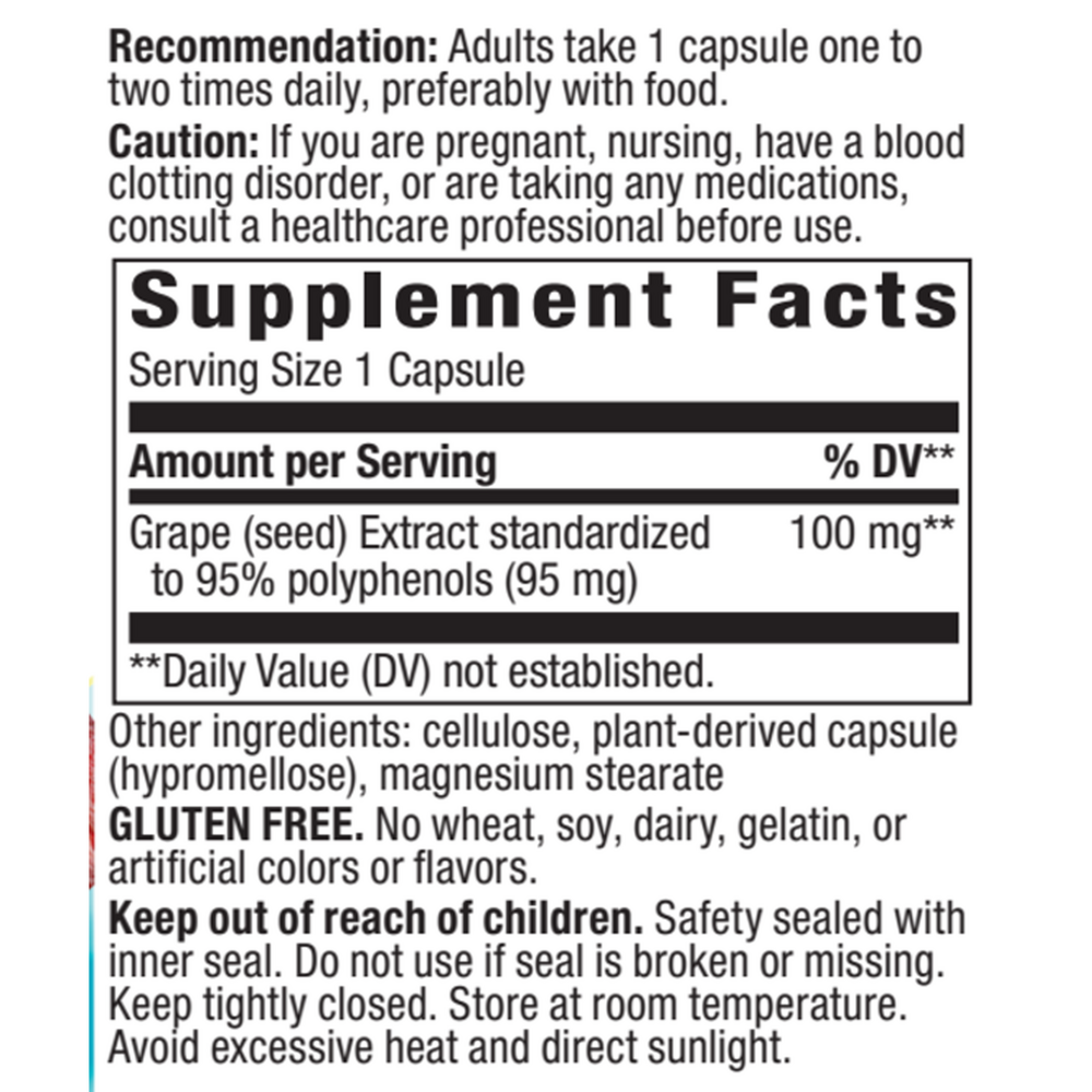 Grape Seed 100 mg Supplement Facts Label