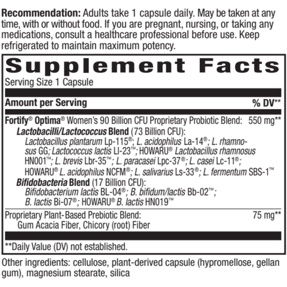 Fortify® Optima® Women’s Advanced Care 90 Billion Probiotic Supplement Facts Label