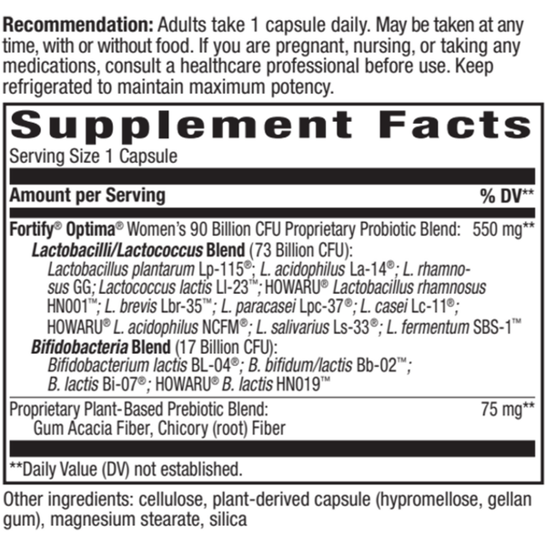 Fortify® Optima® Women’s Advanced Care 90 Billion Probiotic Supplement Facts Label