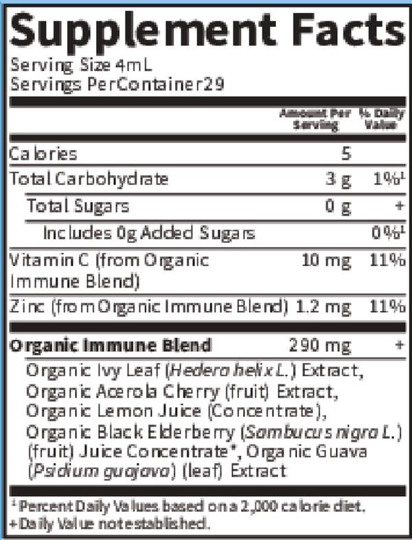 Organics Kids Cough & Mucus Immune Syrup Supplement Facts Label