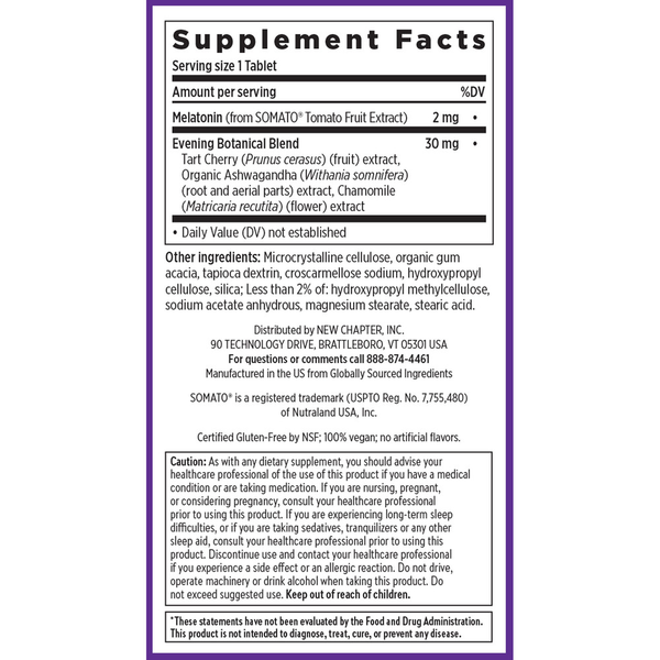 Plant Melatonin + Tart Cherry & Ashwagandha Supplement Facts Label