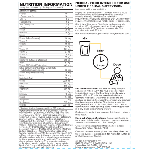 Dextrose-Free (Low Carb) Physicians Elemental Diet Supplement Facts Label