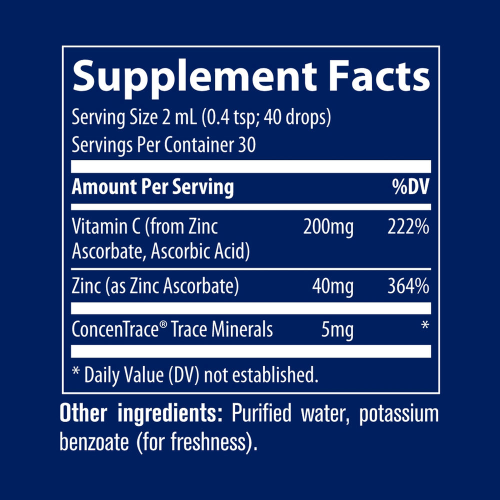 Vitamin C + Ionic Zinc Supplement Facts Label