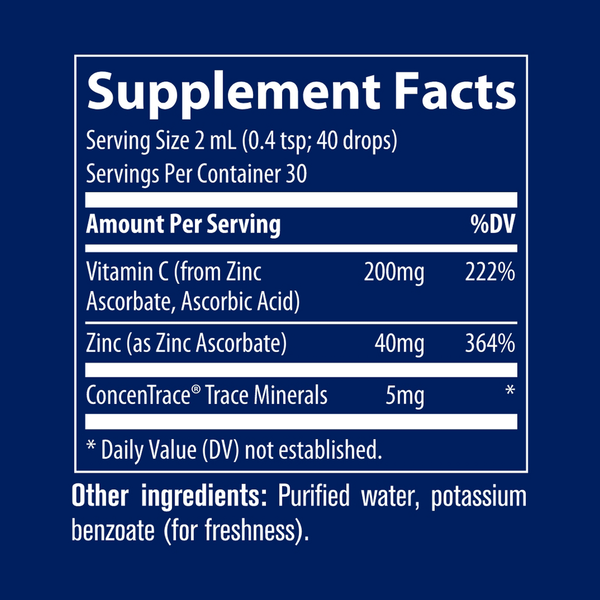 Vitamin C + Ionic Zinc Supplement Facts Label