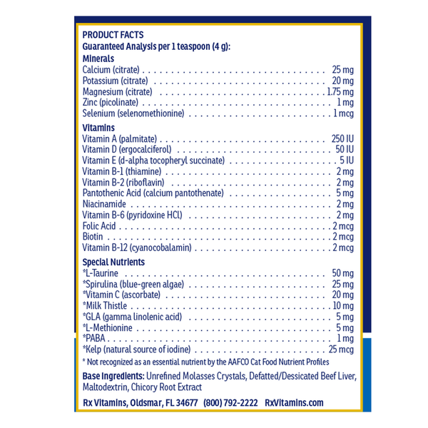 Rx Essentials for Cats Supplement Facts Label