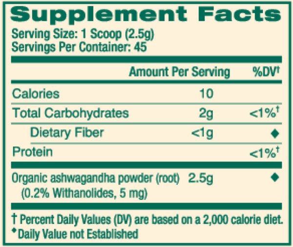 Ashwagandha Powder Supplement Facts Label