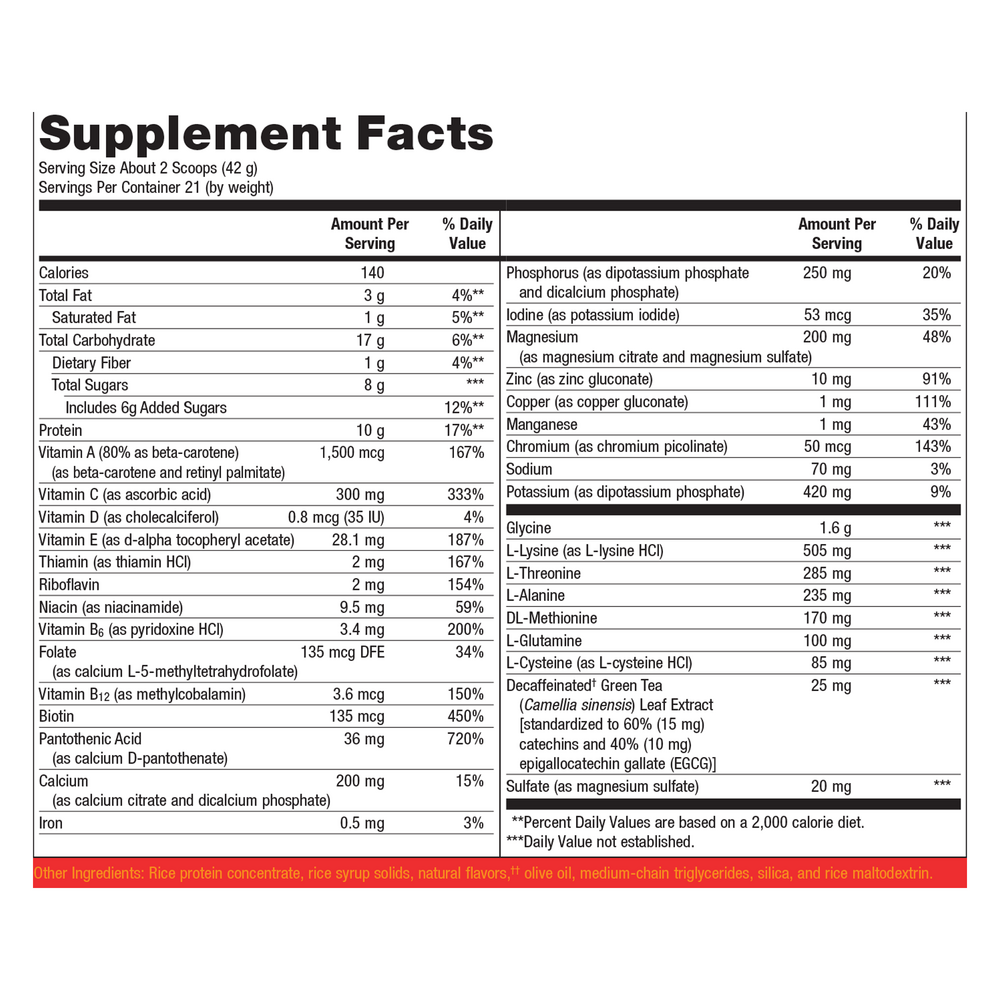 UltraClear PLUS/RICE Original Vanilla Supplement Facts Label