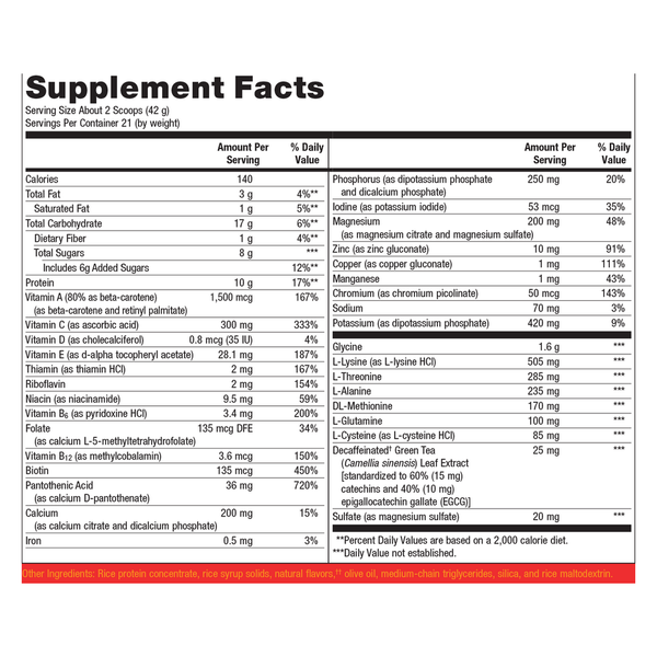 UltraClear PLUS/RICE Original Vanilla Supplement Facts Label