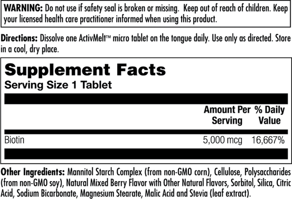 Biotin 5000 mcg Mixed Berry Supplement Facts Label