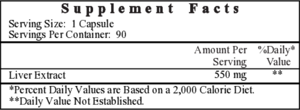 BACKORDER ONLY - Liver Extract 550 mg Supplement Facts Label