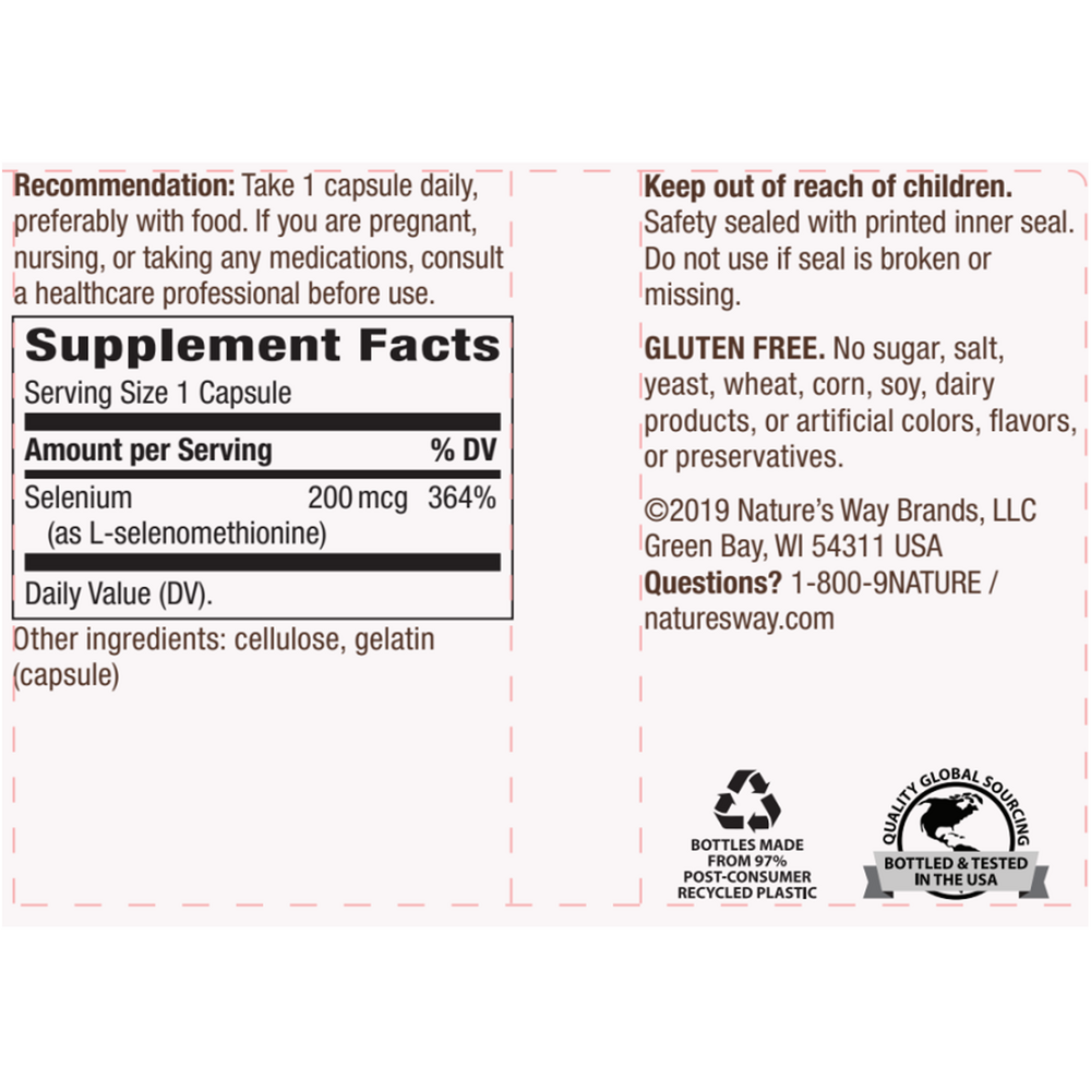 Selenium 200 mcg Supplement Facts Label
