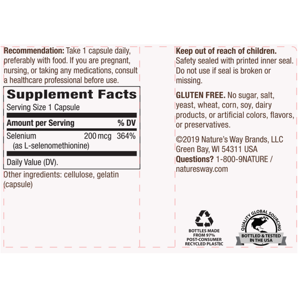 Selenium 200 mcg Supplement Facts Label