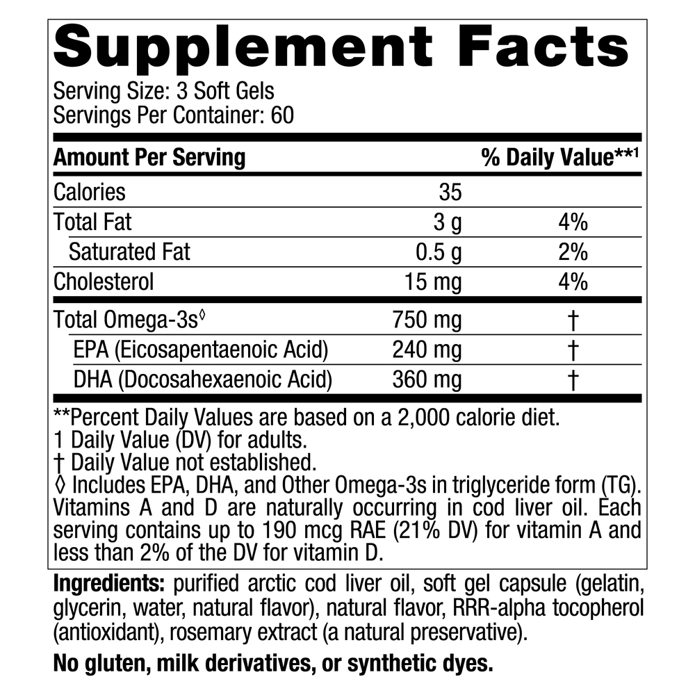 Arctic Cod Liver Oil Lemon Softgels Supplement Facts Label