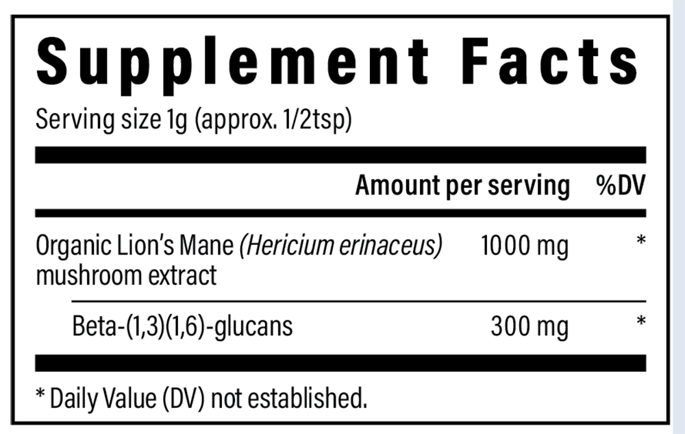 Lion's Mane Extract Powder Supplement Facts Label