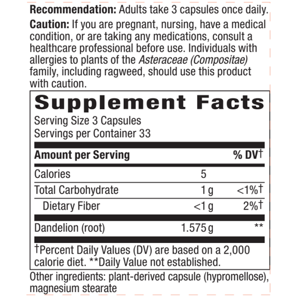 Dandelion Root 525 mg Supplement Facts Label