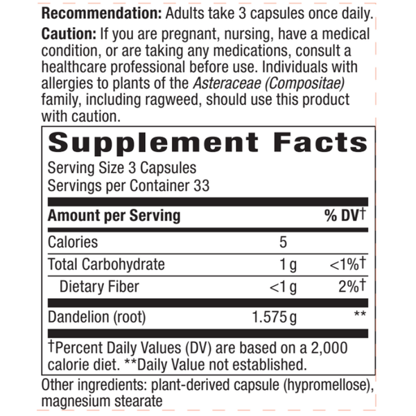 Dandelion Root 525 mg Supplement Facts Label