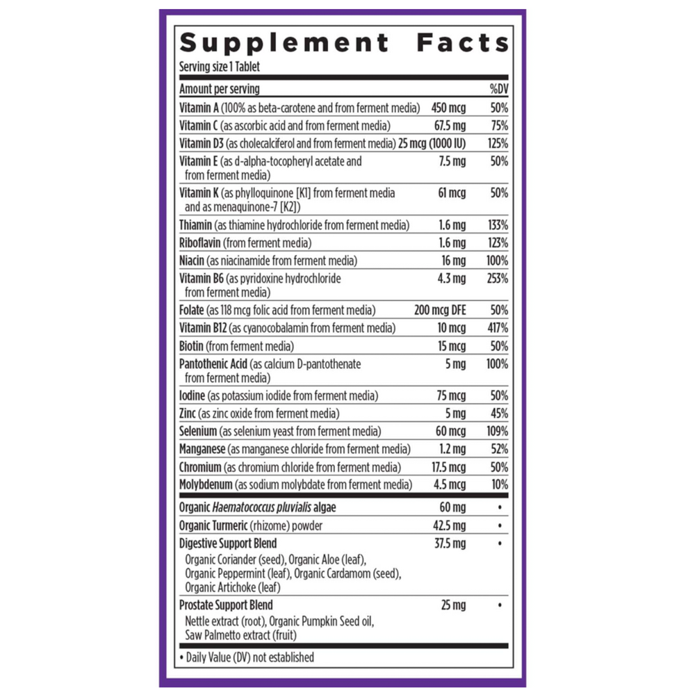 Every Man's One Daily 55+ Supplement Facts Label