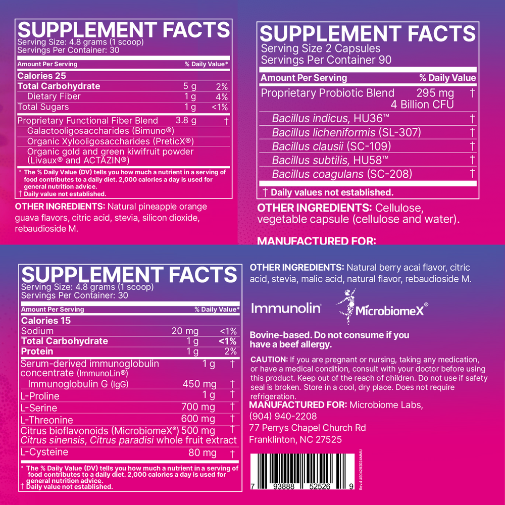 Total Gut Restoration Megamucosa/MegaPre Powder & Megaspore 180 Capsules Kit Supplement Facts Label