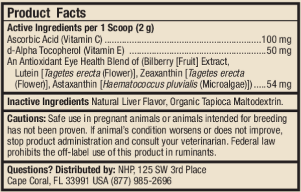 Eye Support Cats & Dogs Supplement Facts Label