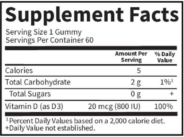 Kids Vitamin D3 Gummies Supplement Facts Label