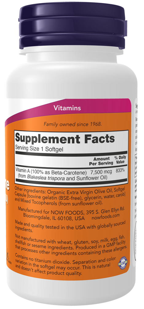 Natural Beta Carotene 25,000 IU Supplement Facts Label
