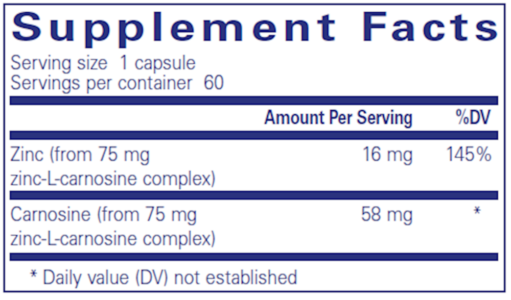 Peptic-Care ZC (Zinc-L-Carnosine) Supplement Facts Label