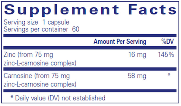 Peptic-Care ZC (Zinc-L-Carnosine) Supplement Facts Label