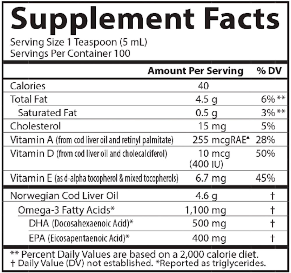 Cod Liver Oil Lemon 16.9oz Supplement Facts Label