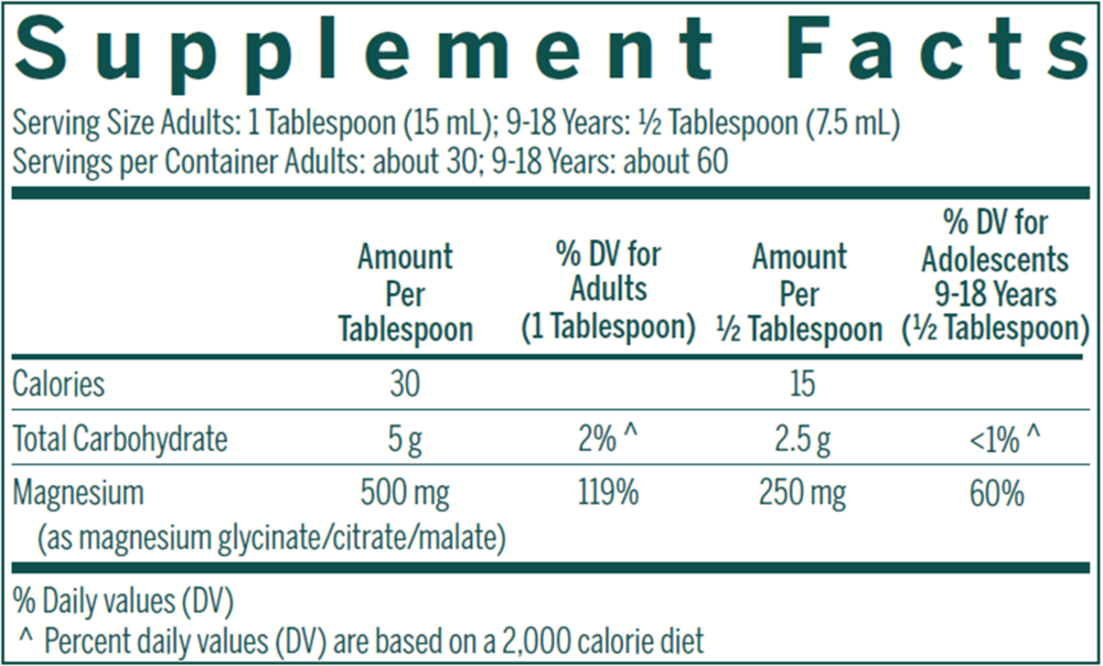 Magnesium Complex Liquid Supplement Facts Label