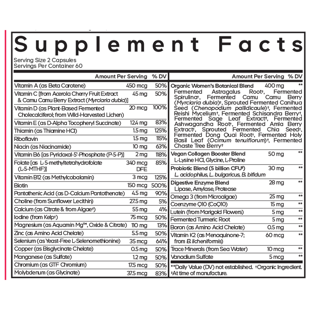 Women's Fermented Multivitamin Supplement Facts Label