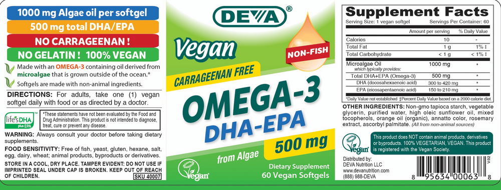 Vegan DHA-EPA 500 mg Supplement Facts Label