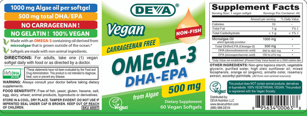 Vegan DHA-EPA 500 mg Supplement Facts Label
