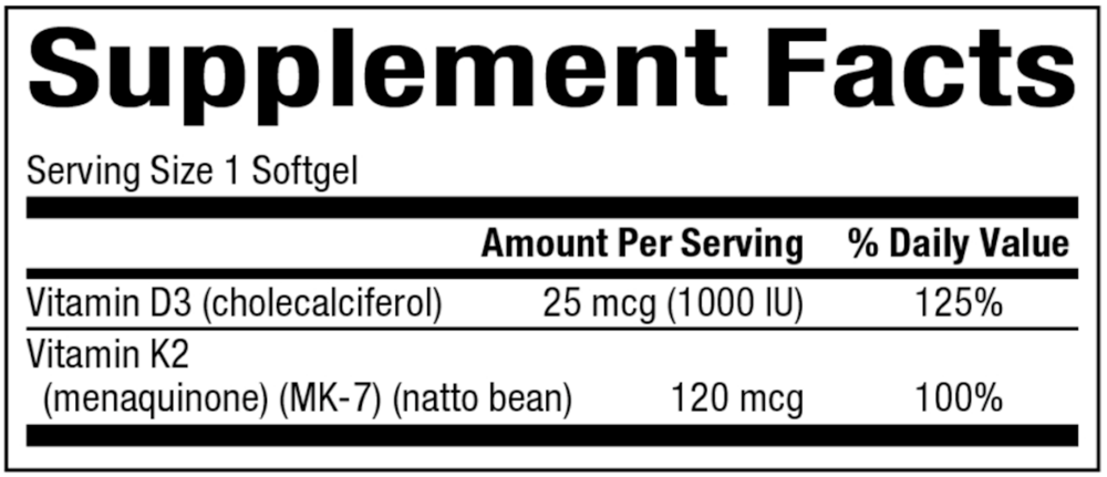 Vitamin D3 and K2 Supplement Facts Label
