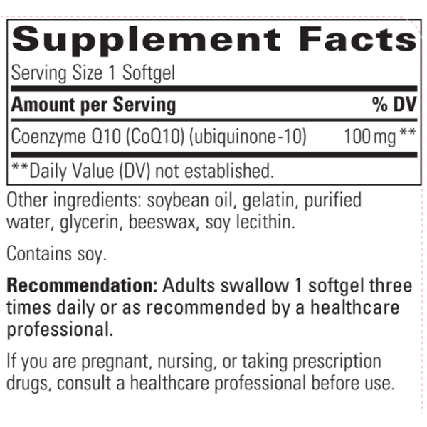 COQ10 100 mg Softgels Supplement Facts Label