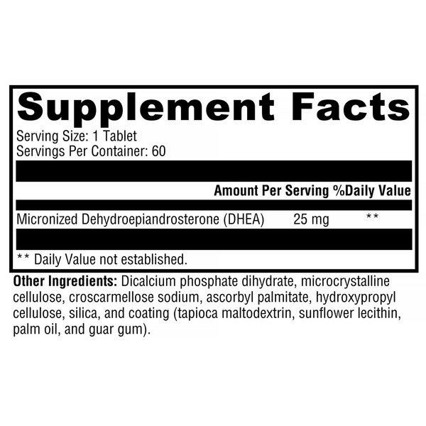 DHEA Micronized 25mg Supplement Facts Label