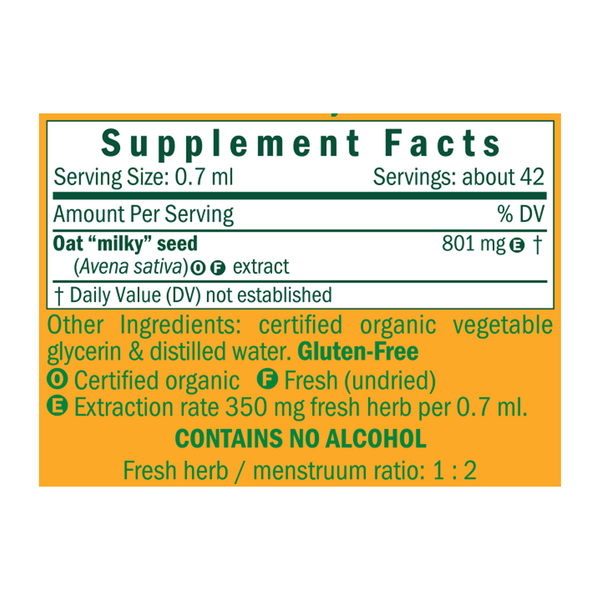 Oat Seed/Avena sativa Alcohol-Free Supplement Facts Label