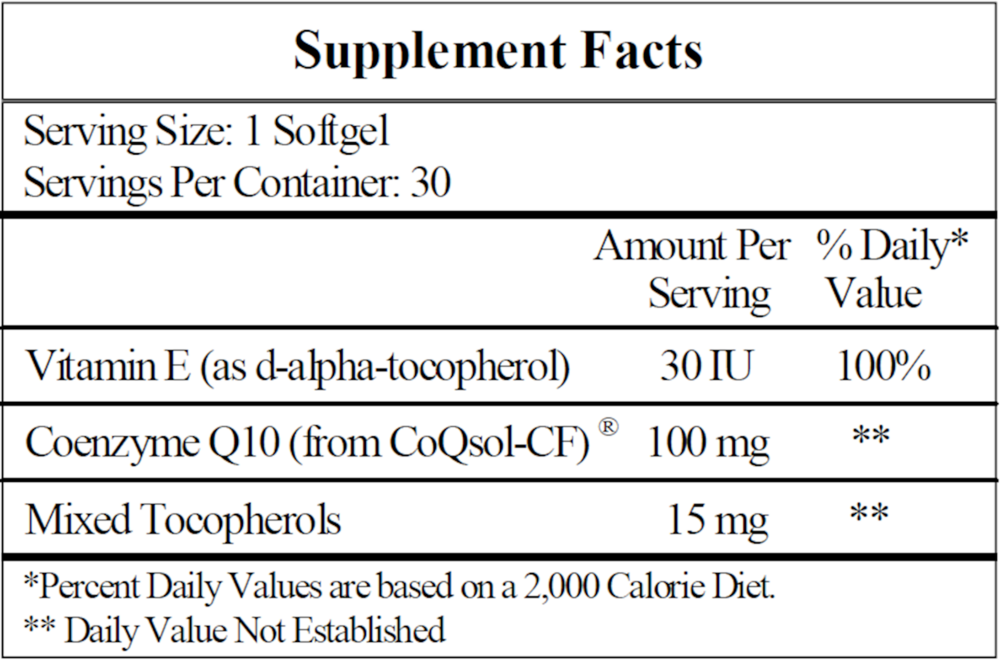 Co-Enzyme Q10 100 mg Supplement Facts Label