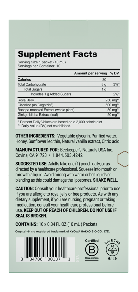 Royal Jelly Brain Health Liposomal Supplement Facts Label