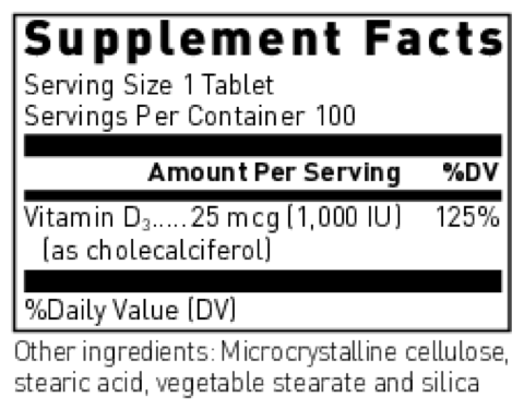 Vitamin D 25 mcg (1,000 IU) Supplement Facts Label