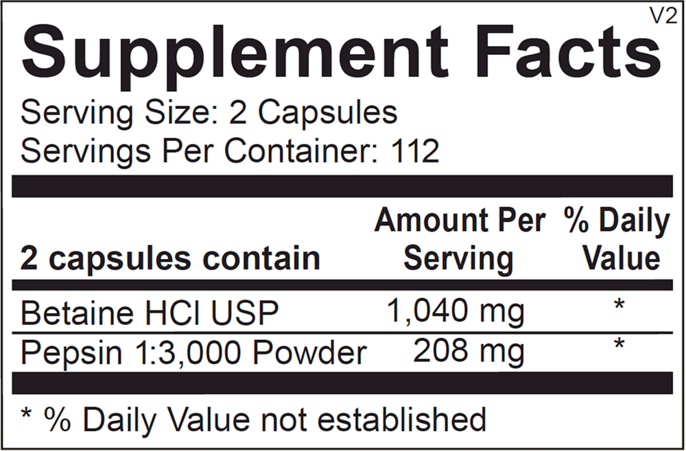 DigestStart - Betaine HCl and Pepsin Supplement Facts Label