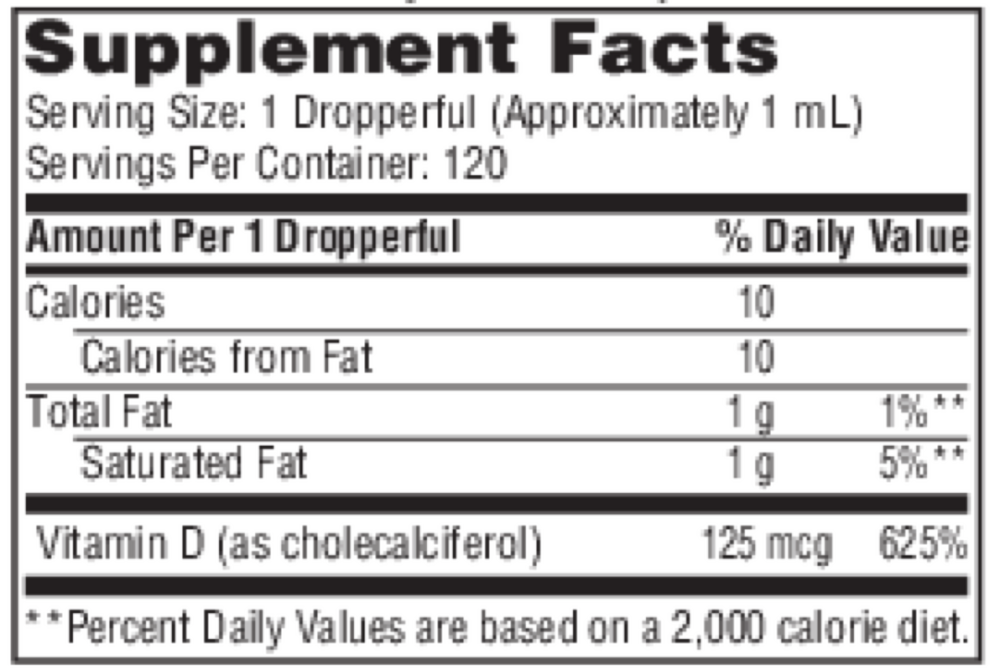Vitamin D3 Liquid 5000 IU Supplement Facts Label
