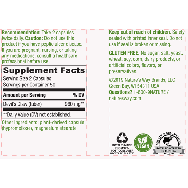 Devils Claw 480 mg Supplement Facts Label
